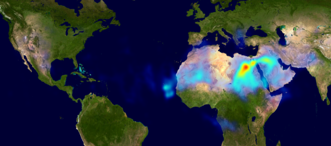 This animation shows aerosol index over northern Africa and the Atlantic Ocean from July 1 through July 31, 2000. Each image pixel corresponds to an area 1 degree in longitude by 1.25 degrees in latitude.This product is available through our Web Map Service.