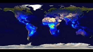 This image shows the global lightning flash
rate density for the entire observing period. The data pixels
are 0.5deg on a side (720x360 pixels globally). This single
image is equivalent to the final frame of animation #3143, but
at a spatial resolution that is 5 times
better.This product is available through our Web Map Service.