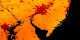 This image shows average surface temperatures
predicted by LIS for 2001/06/11. Temperatures range from 9 C to
35 C (48F to 95F), with the hottest areas being red and dark
red. Temperatures are generally cooler farther north and at
higher elevations. The urban areas stand out very distinctly
against their surroundings.  This  product is available through our Web Map Service .