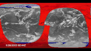 This animation shows 29 orbits (2 days) of outgoing longwave radiation, form June 20-21, 2003.  The measurements are superimposed over a global infrared cloud cover composite from the same period.This product is available through our Web Map Service.