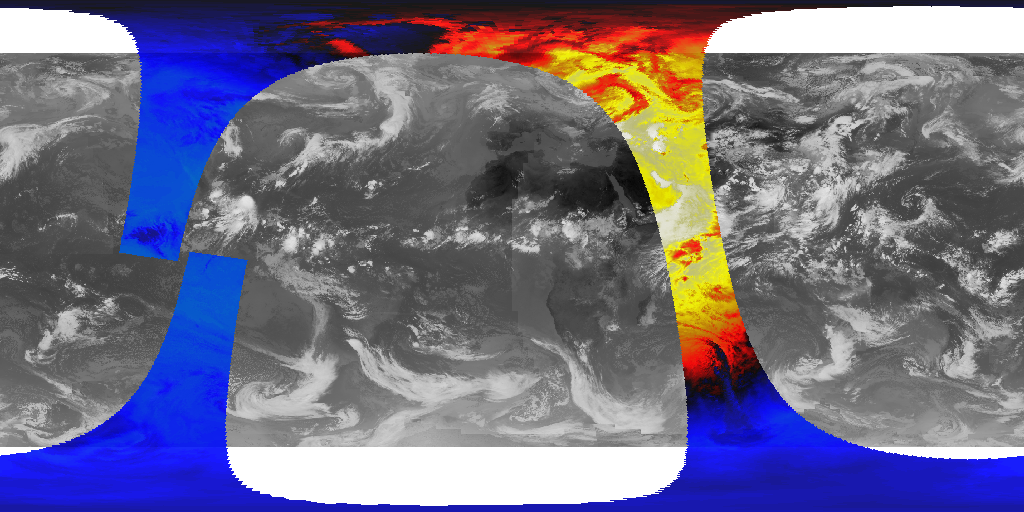 This animation shows net radiation flux corresponding to 29 orbits (2 days) of CERES measurements, from June 20-21, 2003. This data is calculated from CERES outgoing longwave and shortwave measurements, along with a corresponding calculated incoming solar flux.  The measurements are superimposed over a global infrared cloud cover composite from the same period.  This product is available through our Web Map Service.