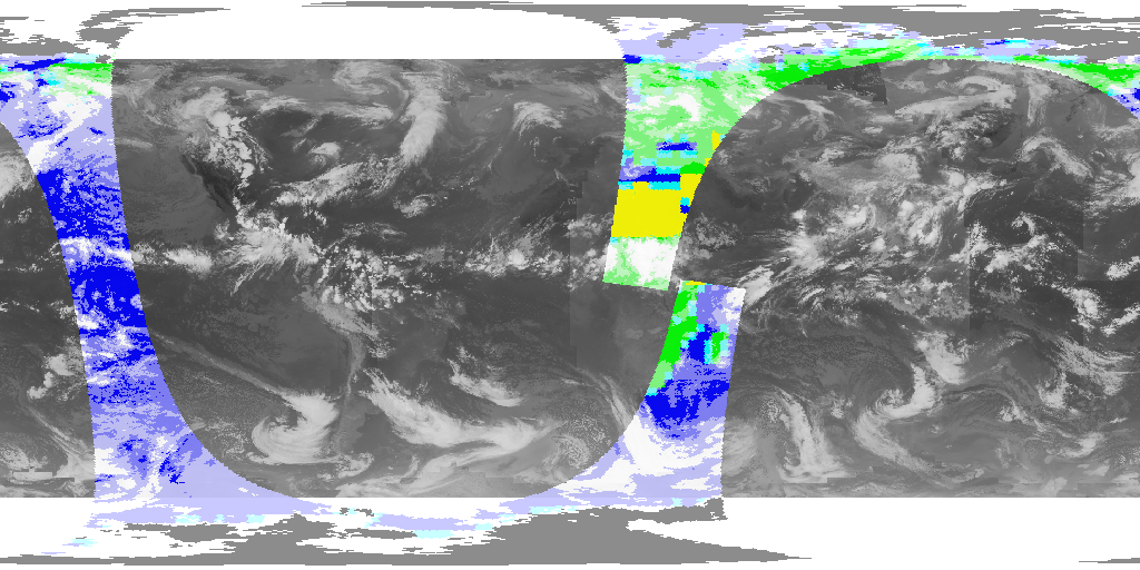 This animation shows 29 orbits (2 days) of CERES measurements of regions of solar reflectivity, from June 20-21, 2003.  The measurements are superimposed over a global infrared cloud cover composite from the same period.This product is available through our Web Map Service.