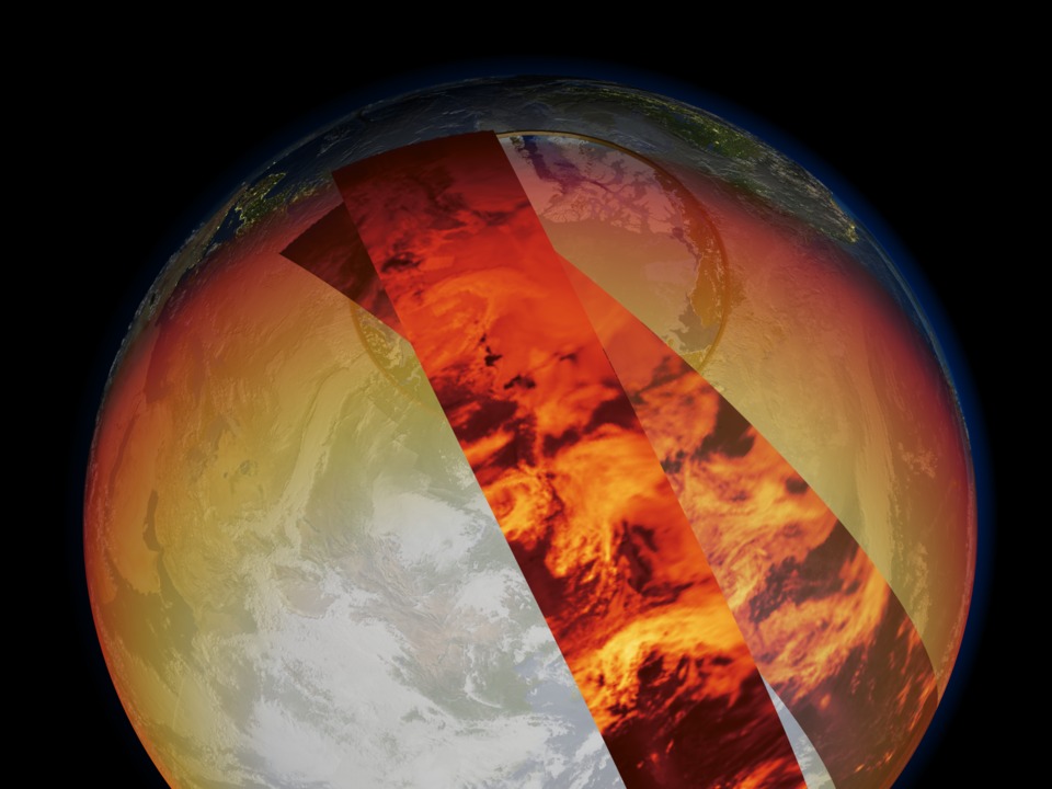 This image shows a satellite swath of instantaneous reflected solar radiation measured by CERES on
6/20/2003.  Areas with clouds, snow and ice reflect more solar radiation back into space (shown in yellow and orange in this image).  Darker regions, such as oceans, absorb much of the solar radiation (shown as dark brown in this image).  