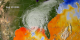 Sea surface temperature showing Hurricane Katrina's cold water wake in blues (08-29-2005)