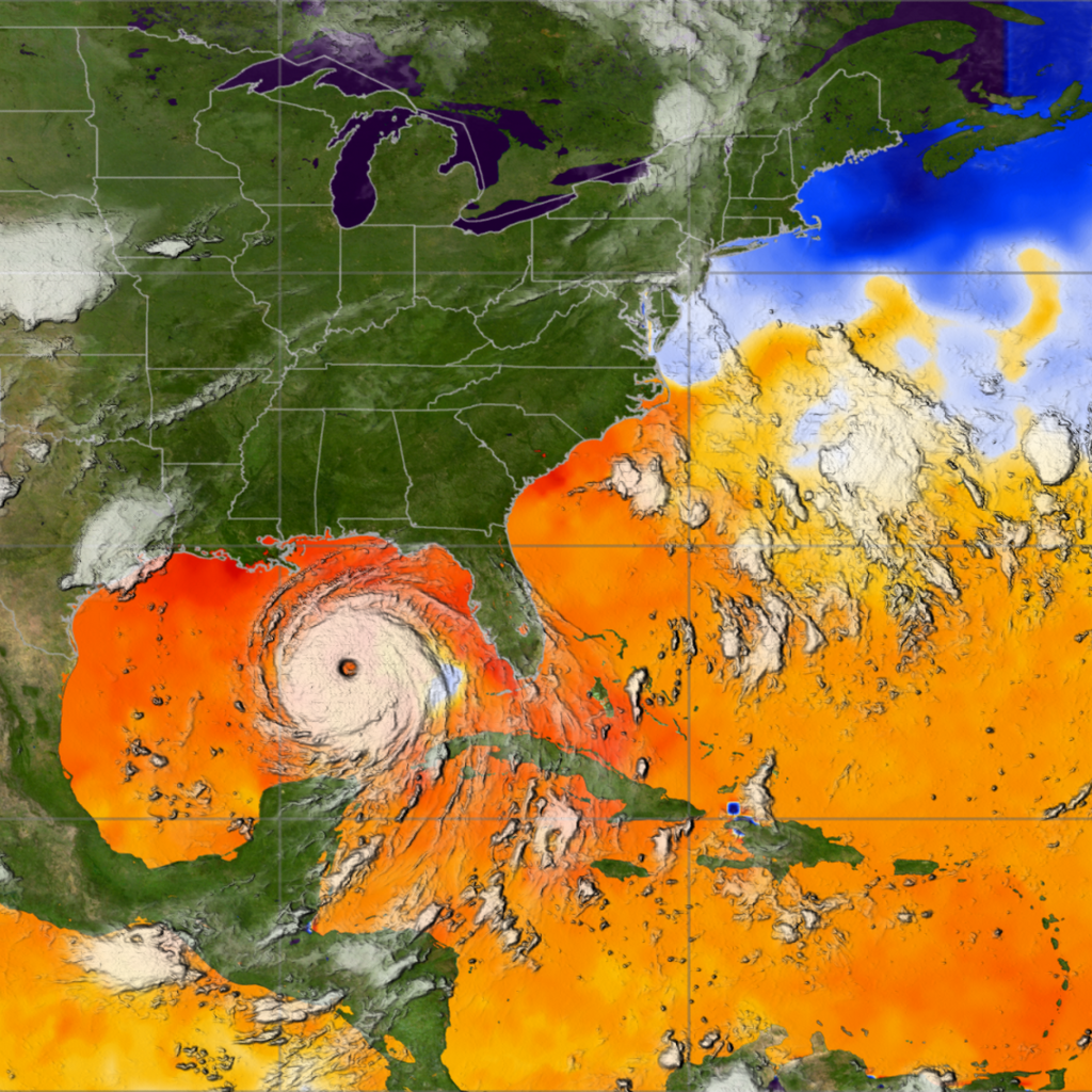 GOES-12 infrared imagery over AMSR-E sea surface temperature for Hurricane Katrina, from August 23, 2005 to August 30, 2005.This product is available through our Web Map Service.