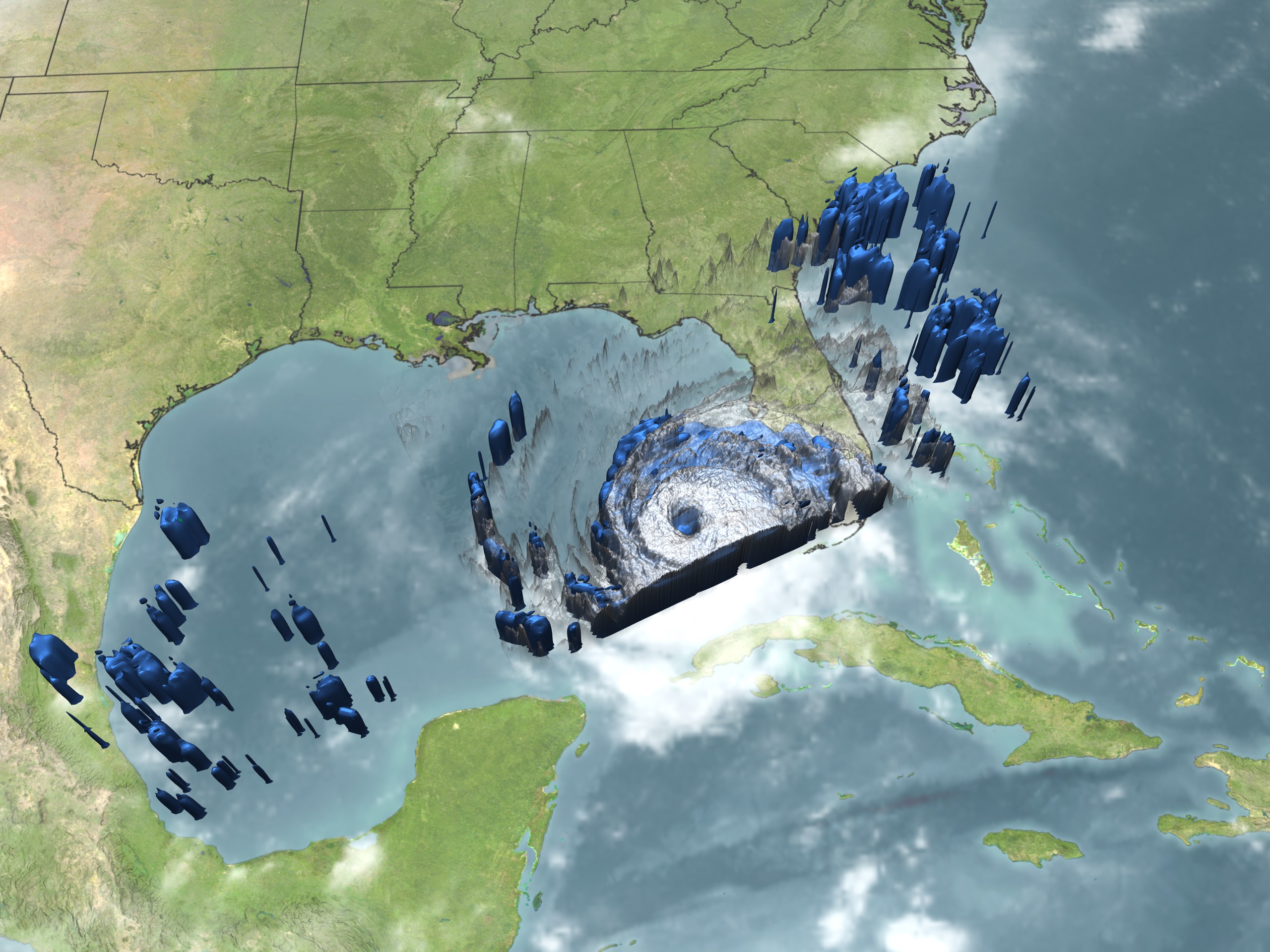 Hurricane Rita on September 21, 2005 at 0909Z.  The storm has a 25 nautical mile eye diameter.  Blue represents the rain structure that is fueling the storm.