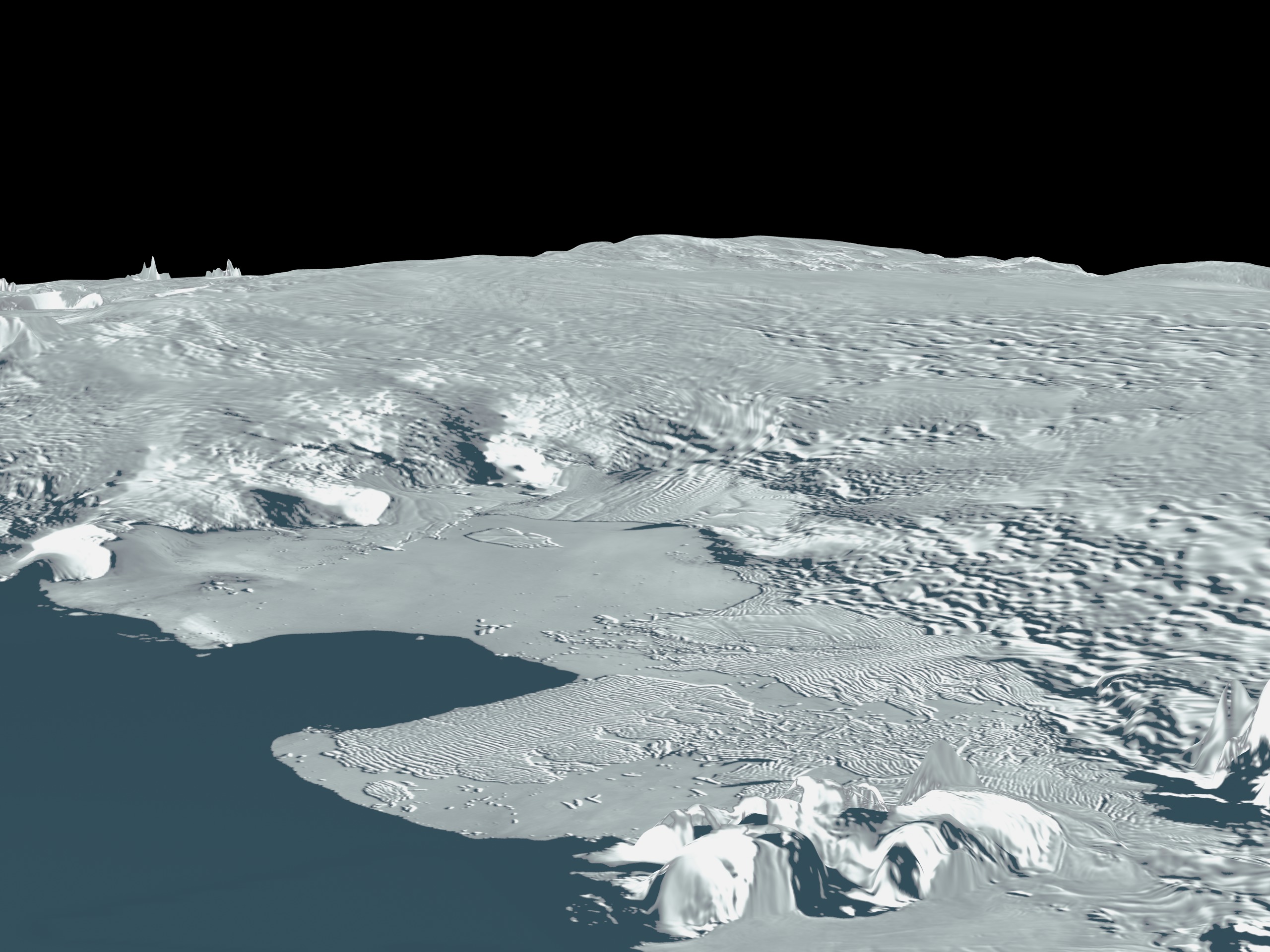 This animation flys over the Thwaites Glacier exposing the line of grounded icebergs and into Pine Island Bay to view the Pine Island Glacier. 