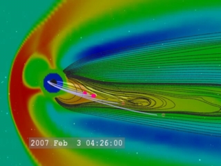 Opening with a view of the aurora borealis, we zoom out to reveal the proposed orbital configuration of the five THEMIS satellites and fade in a GGCM magnetosphere model.
