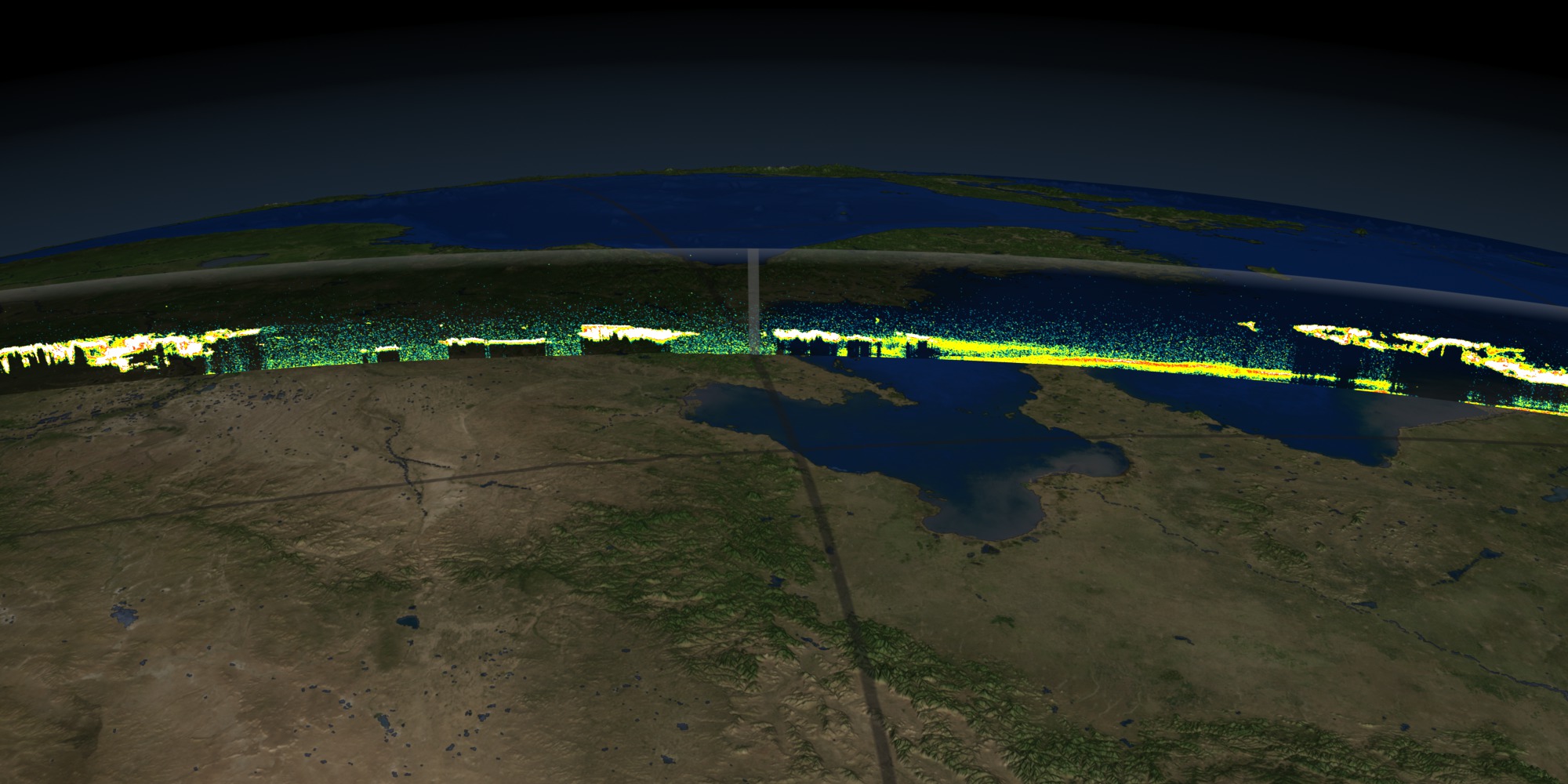 This image is a wide-angle view of the profile of CALIPSO total attenuated backscatter  from 2006-06-15.  The view is looking eastward across China to the Yellow Sea and the Korean Peninsula.  