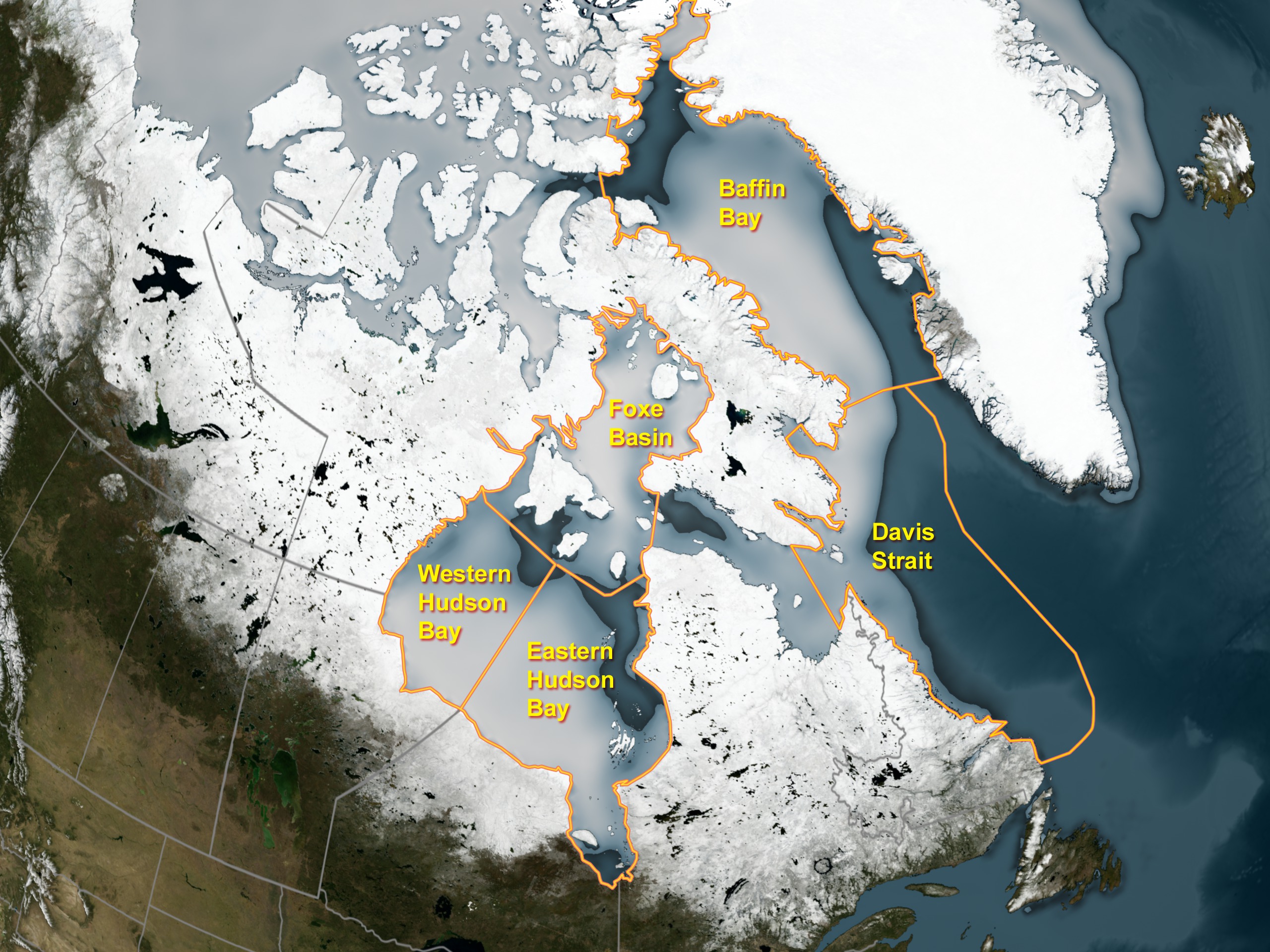 Annotated map of the northern Canadian study region.  Polar bear populations discussed in the paper are circled in orange.