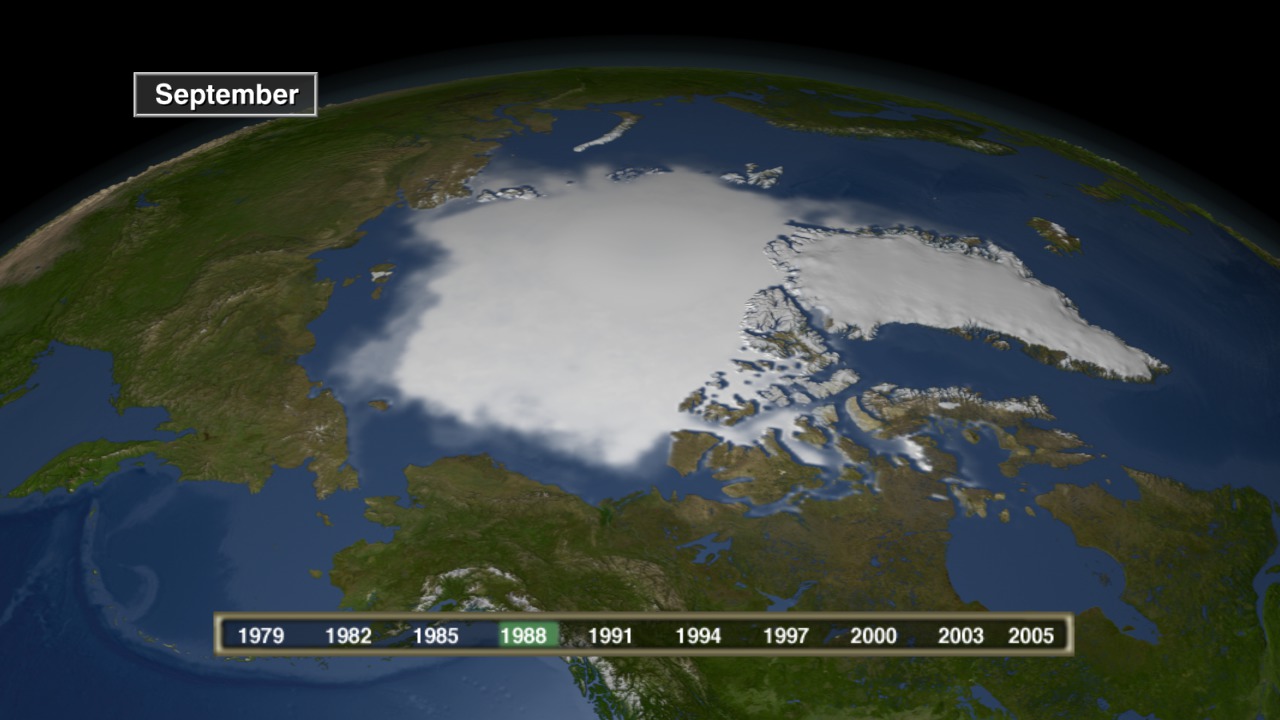 This animation shows the three-year moving average September mean sea ice concentration in the northern hemisphere from 1979-1981 through 2003-2005. A date bar indicates the range of years averaged to compute the September mean shown.
