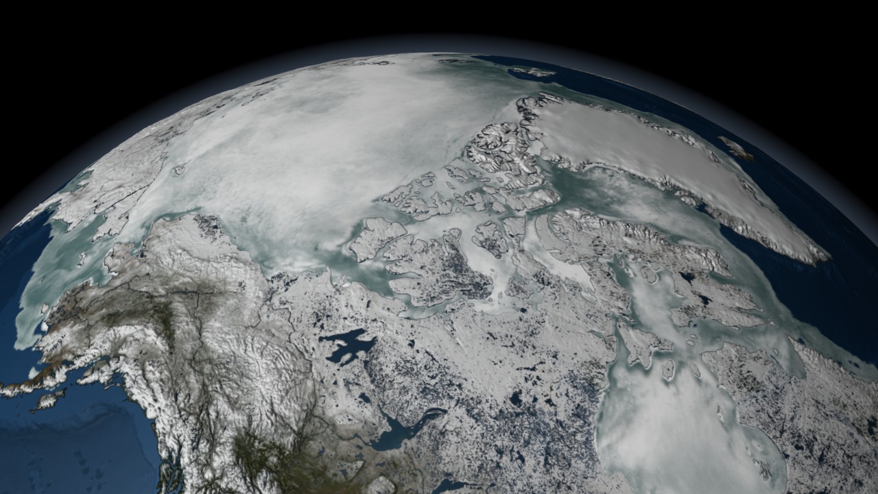 This animation shows the seasonal advance and retreat of sea ice over the Arctic from 8/5/2005 through 8/4/2006. The yearly cycle is repeated three times while the camera circles the Arctic, providing a view of the sea ice from a wide range of viewpoints.