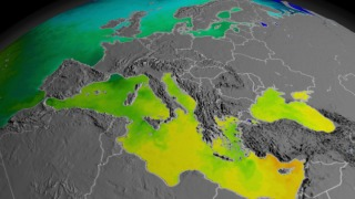 This animation shows a 32-day moving average of SST data spanning July 4, 2002 to October 23, 2006.  The animation starts over Europe, pans across the Atlantic, and settles in over the Gulf Stream.