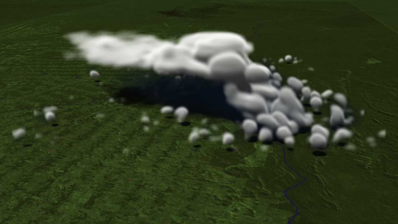 A computer simulation of a convective weather system.