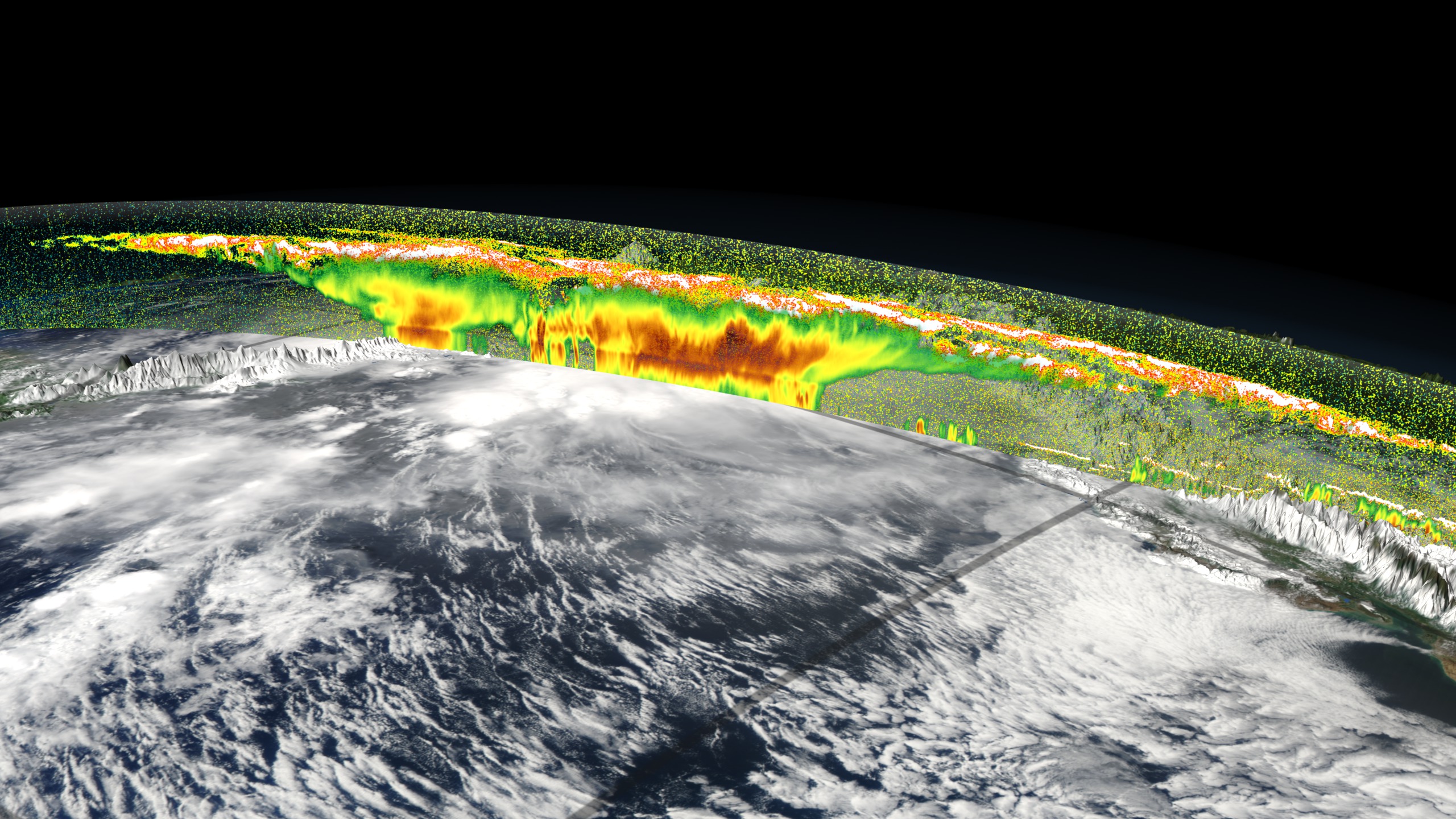 Both CloudSat and CALIPSO detect attributes of clouds on slices through the atmosphere.  Here both are shown over an image of MODIS reflectance which is mapped onto the terrain.
