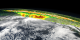 Both CloudSat and CALIPSO detect attributes of clouds on slices through the atmosphere.  Here both are shown over an image of MODIS reflectance which is mapped onto the terrain.