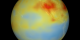 This visualization shows global carbon dioxide from July 2003 at 8 km. Low concentrations are shown in blue and high concentrations are shown in red.