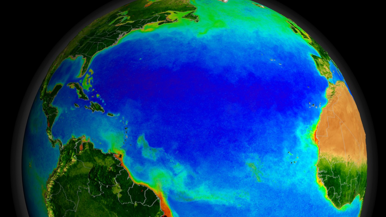 Animation depicting nearly a decades worth of SeaWiFS ocean chlorophyll concentration and land Normalized Difference Vegetation Index (NDVI) data.  This animation begins by slowly spinning the earth around until settling over the North Atlantic.