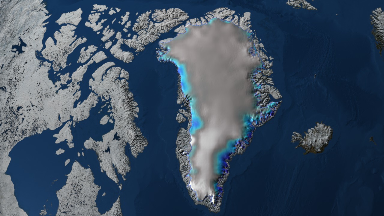 This image portrays changes in the elevation over the Greenland ice sheet onto topography of Greenland measured by ICESat.