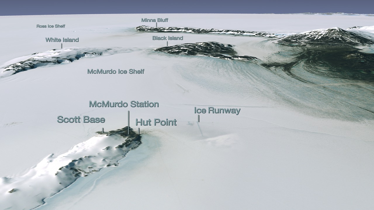 Full animation with labels - McMurdo Station is a science research center operated by the United States.  New Zealand's science station, Scott Base, is located just 5 km away from McMurdo Station. Ross Island is surrounded by floating ice called the Ross Ice Shelf and the McMurdo Ice Shelf.