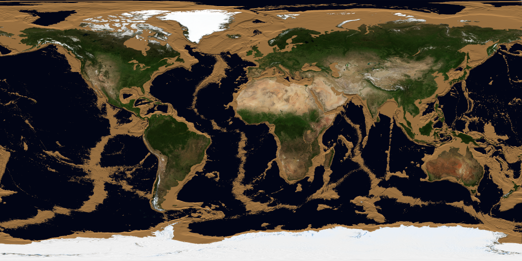 Animation of the draining of the Earth's oceans. The first frame indicates no decrease and the second frame drains all water above sea level.  Each subsequent frame represents a 10 meter drop in the level of the Earth's oceans.  The high resolution frames labeled 'Mask' can be used with the individual images below to create higher resolution versions of this animation.This product is available through our Web Map Service.