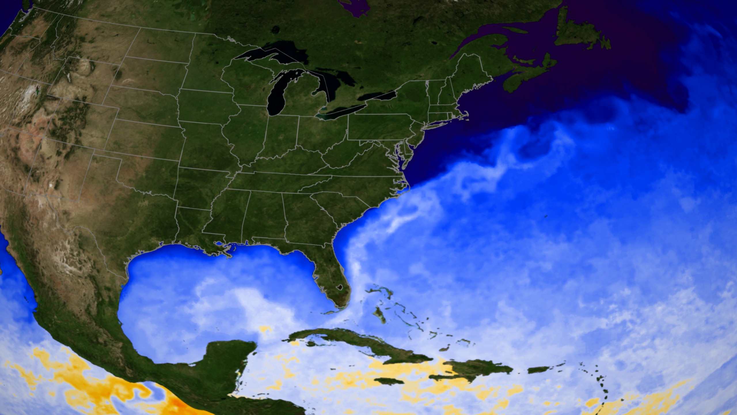 High definition version of sea surface temperature in the Gulf of Mexico and the Atlantic on 2008-01-01.