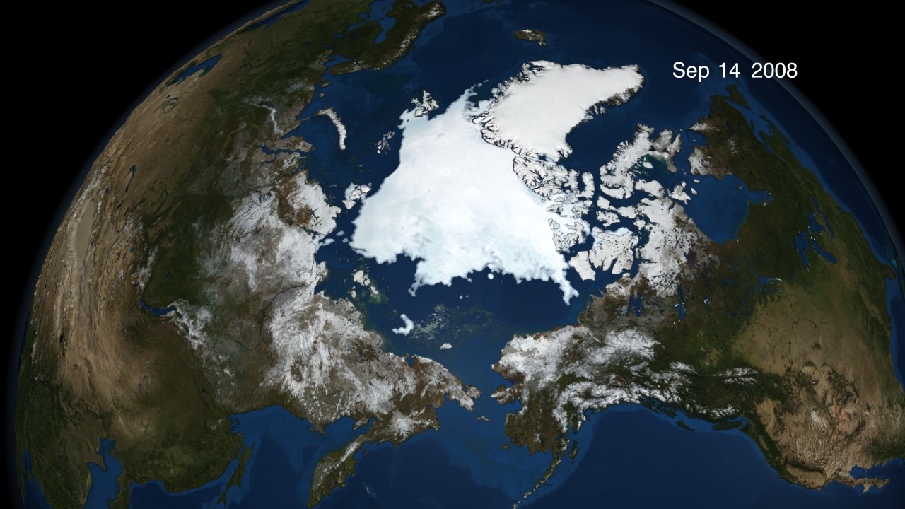 The animation of Arctic sea ice from January 1 through September 14, 2008. The date is displayed in the upper right corner.