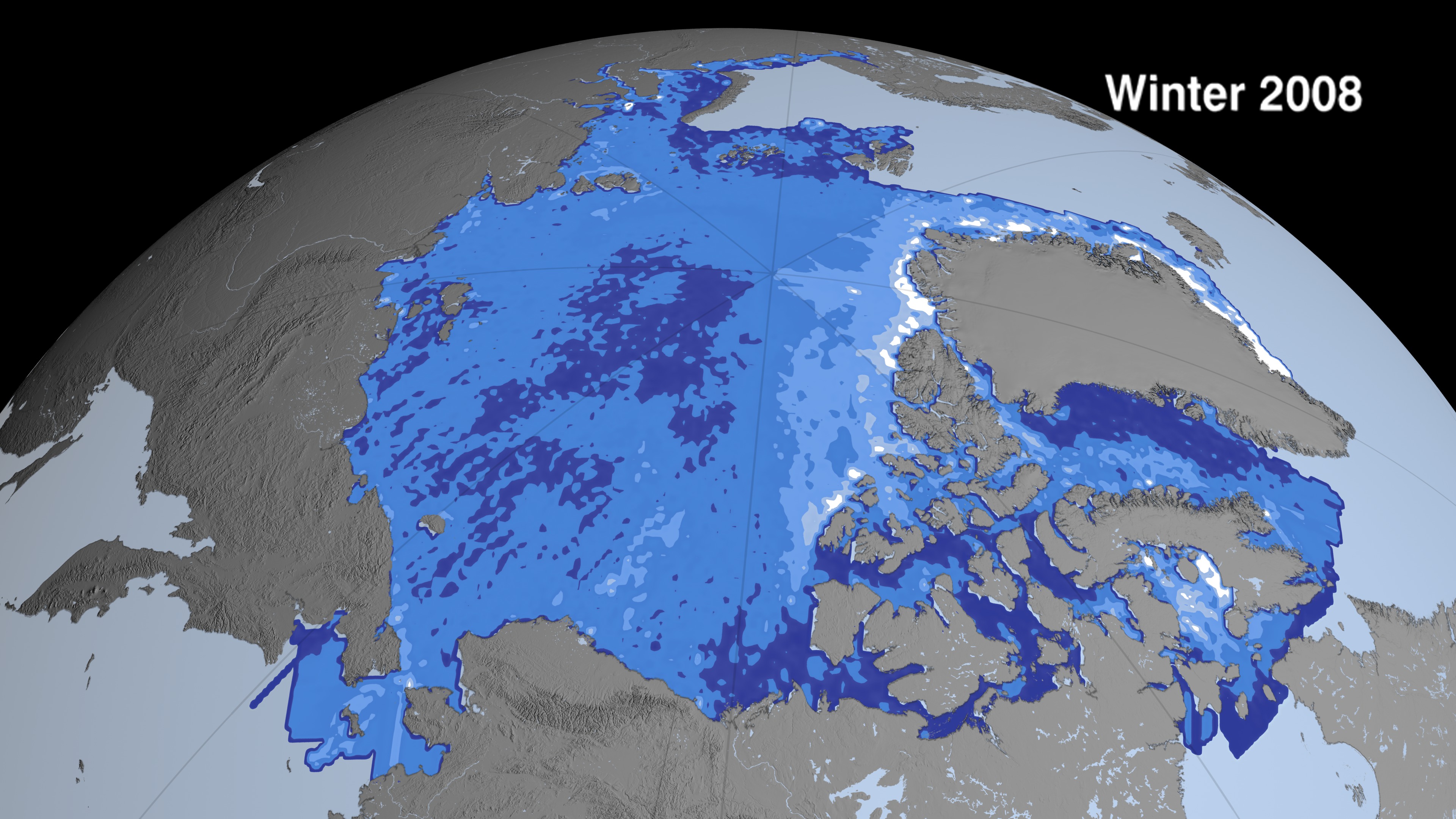 This sequence shows Arctic sea ice thickness derived from winter campaigns from the ICESat satellite. While the sea ice extent might look similar from year to year this thickness data shows dramatic thinning especially near the North Pole (shown in dark blue). This image was generated with data acquired between Feb 17 - Mar 21, 2008.