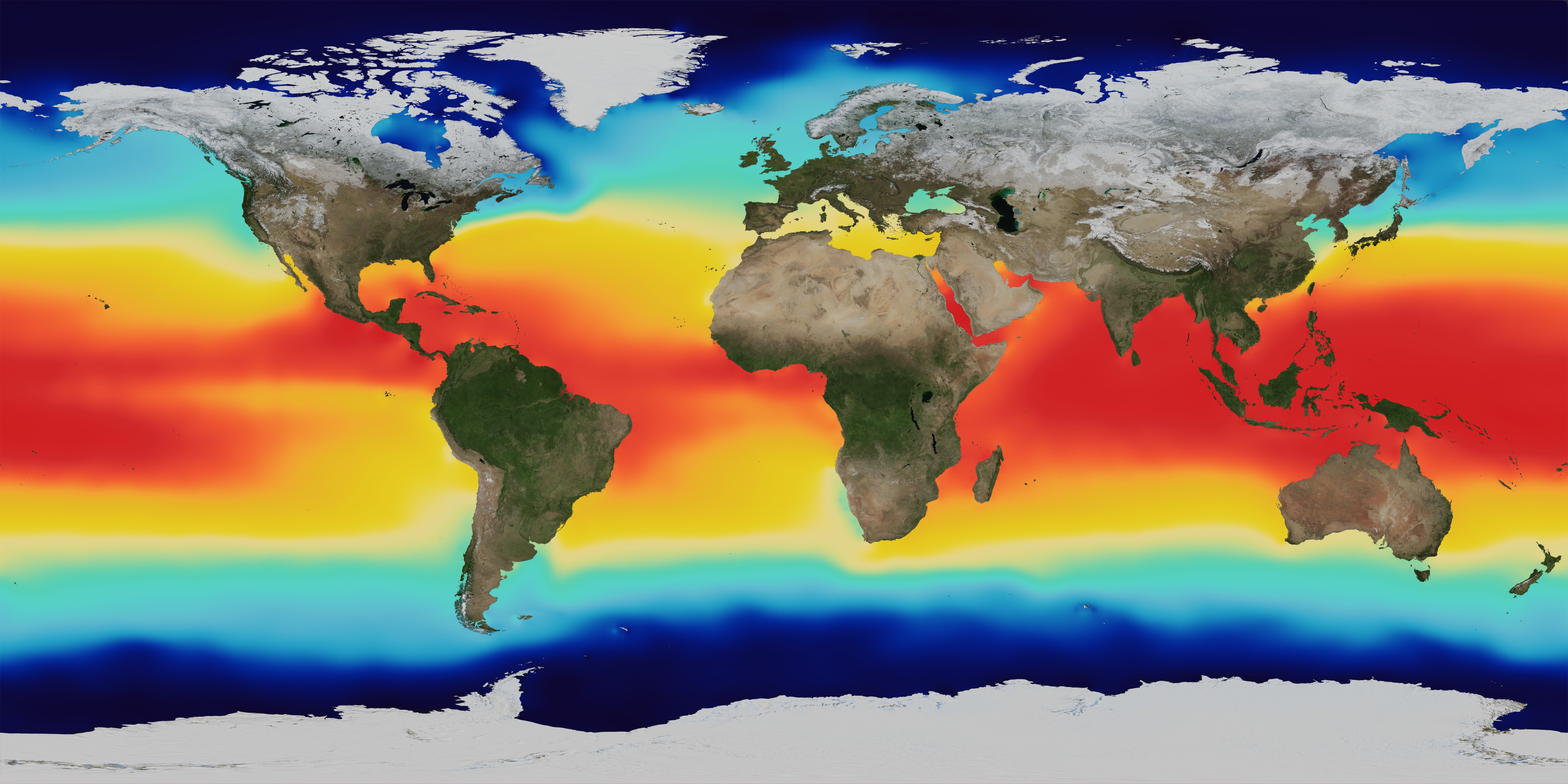 Global map of average Sea Surface Temperature (SST).This product is available through our Web Map Service.