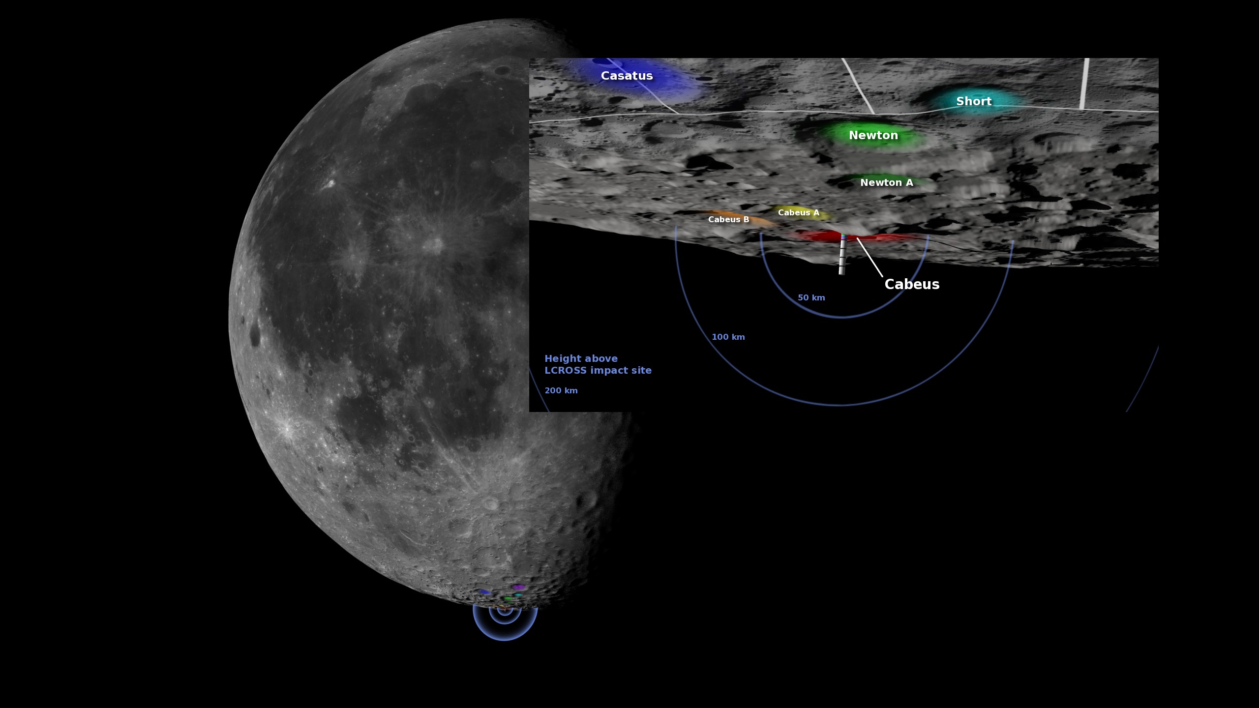 Full disk image of the moon, with an inset containing a close-up of the impact site. A number of craters, including the target crater, are labeled in the inset.