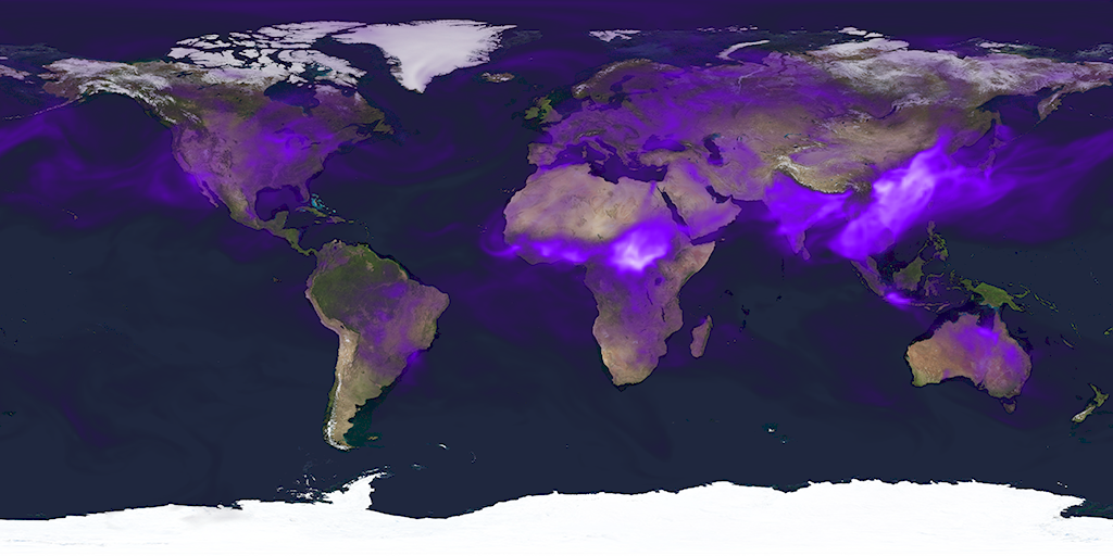 The global atmospheric black carbon density from August 1, 2009 through November 19, 2009, from the GOCART model.  This version is laid over an image of the Earth.This product is available through our Web Map Service.