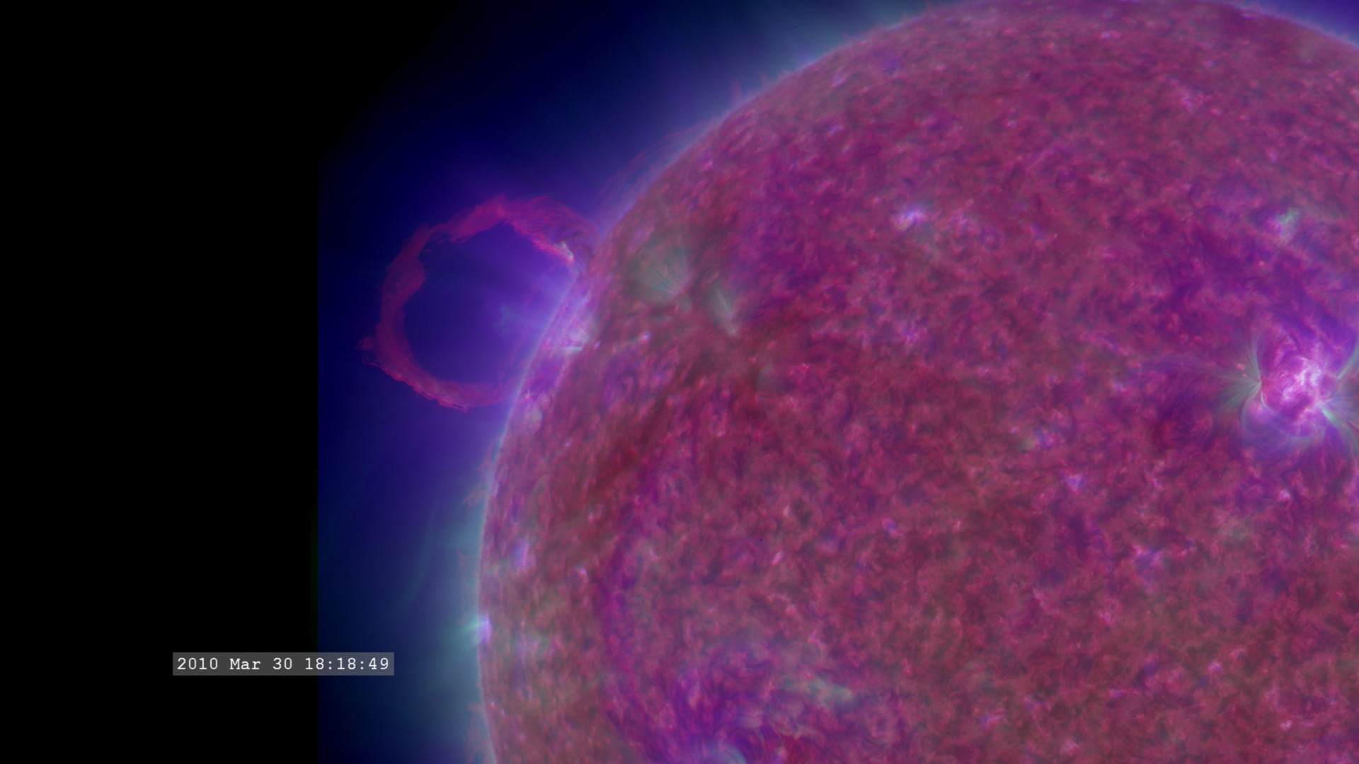 Close-up view of the CME launch. This view matches the the 1980x1080 resolution of the frame to the AIA resolution. 
