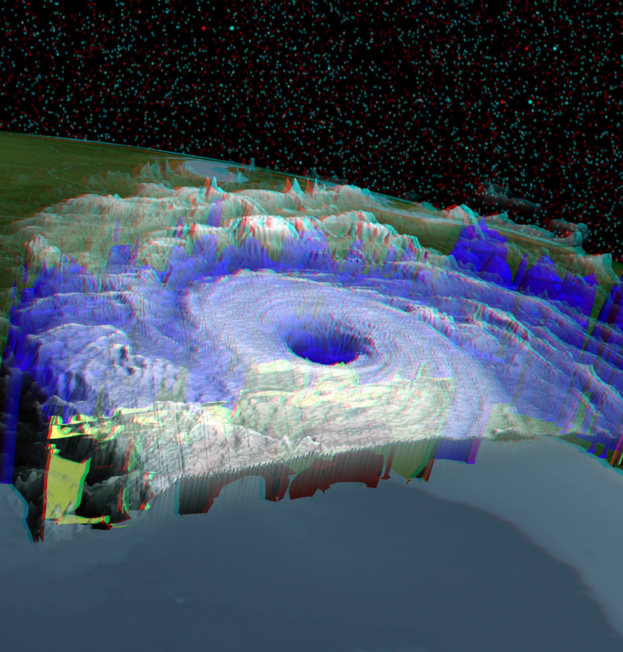 3D stereographic anaglyph of Hurricane Katrina using TRMM and GOES data.  (Red/Cyan glasses are required to view this image properly.) 