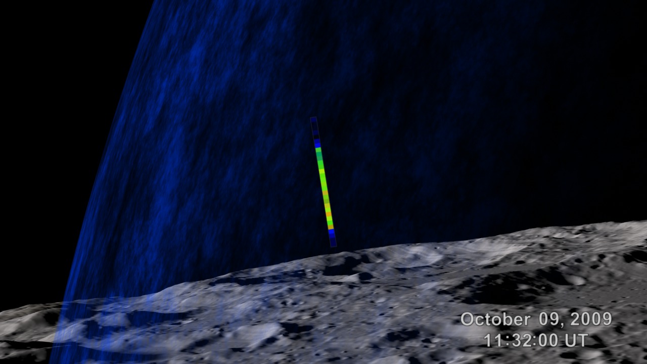 The LAMP sensor slit scans the lunar horizon, lighting up as it encounters the vapor cloud created by the LCROSS impact. This version includes a date/time overlay.