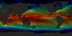 Global ocean flows on a flat map with colors representing sea surface temperature