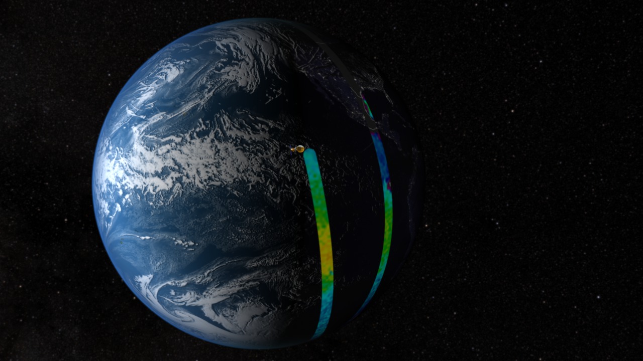 This animation is an artist depiction of the Aquarius satellite in orbit around the earth as it collects data used to derive Sea Surface Salinity (SSS) measurements.  This visualization was created prior to launch and uses simulated SSS measurements.  The satellite orbit and data footprint is based on predicted data in preparation for launch.