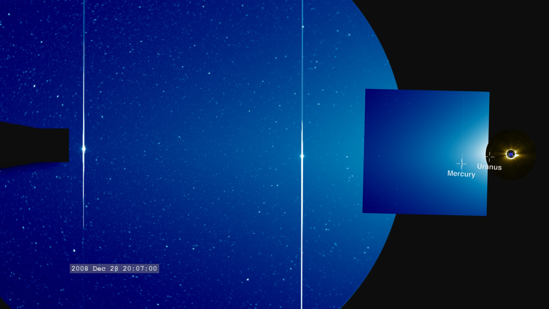 A movie of the heliospheric region viewed from STEREO-A.  If you watch the bright 'bloom' created by the Earth (left side) starting around the December 28, 2008 time marker, you will see a much smaller, fainter 'bloom' appear between the Earth and the Sun.  This is the Moon appearing at maximum elongation relative to the STEREO-A spacecraft.