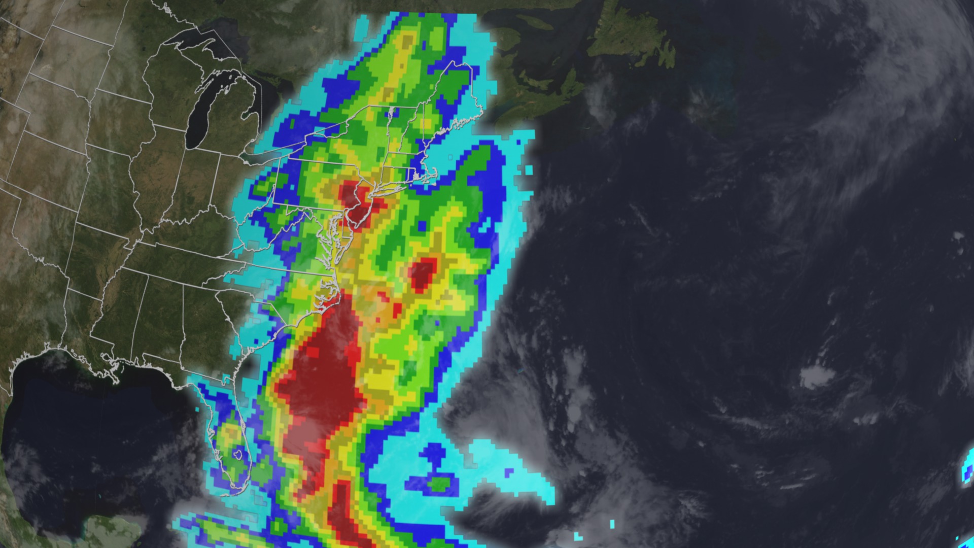 Hurricane Irene visualization of clouds followed by rain accumulation using TRMM color bar