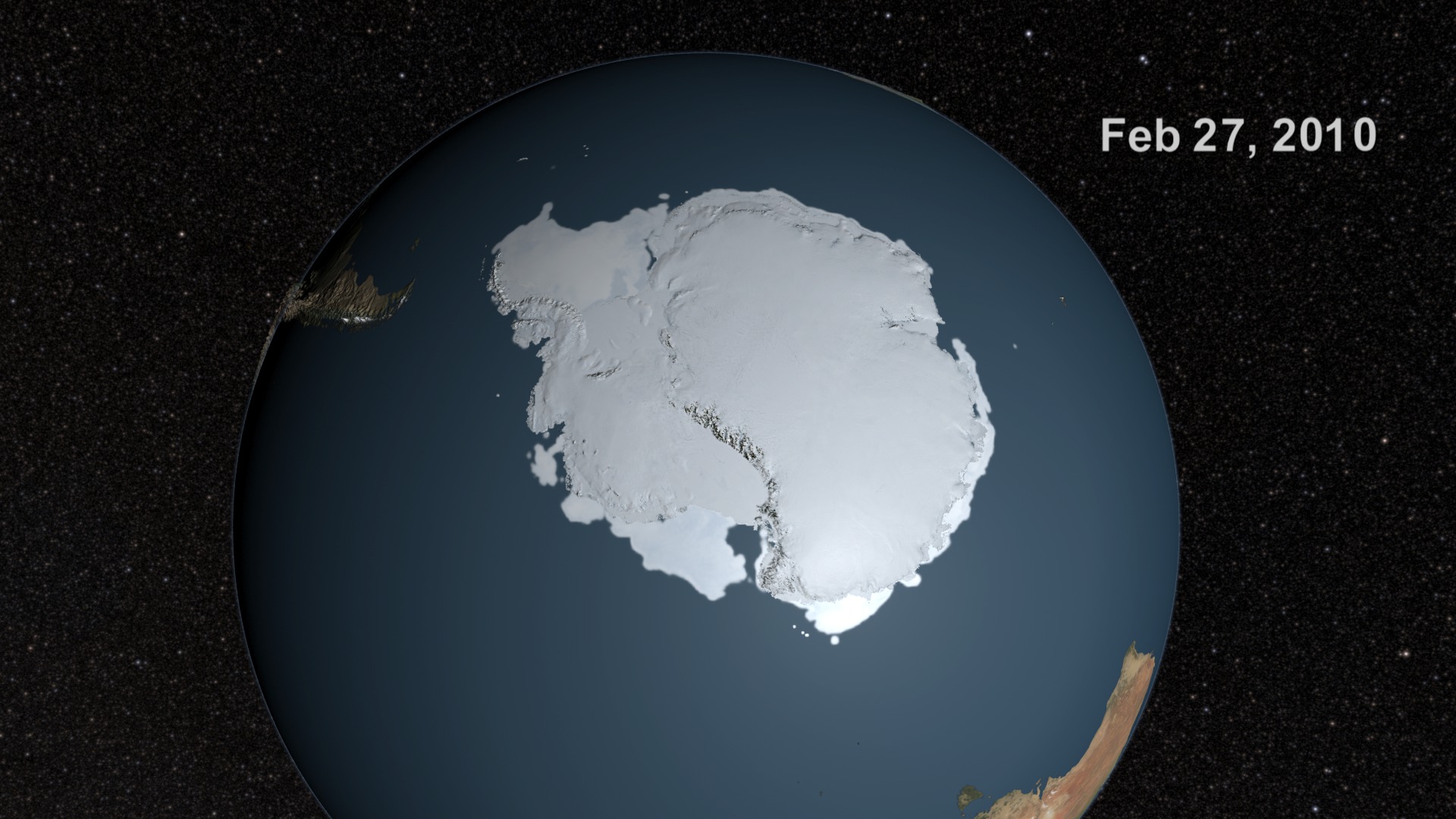 This animation shows the advance and retreat of the Antarctic sea ice with a star background and a date overlay.