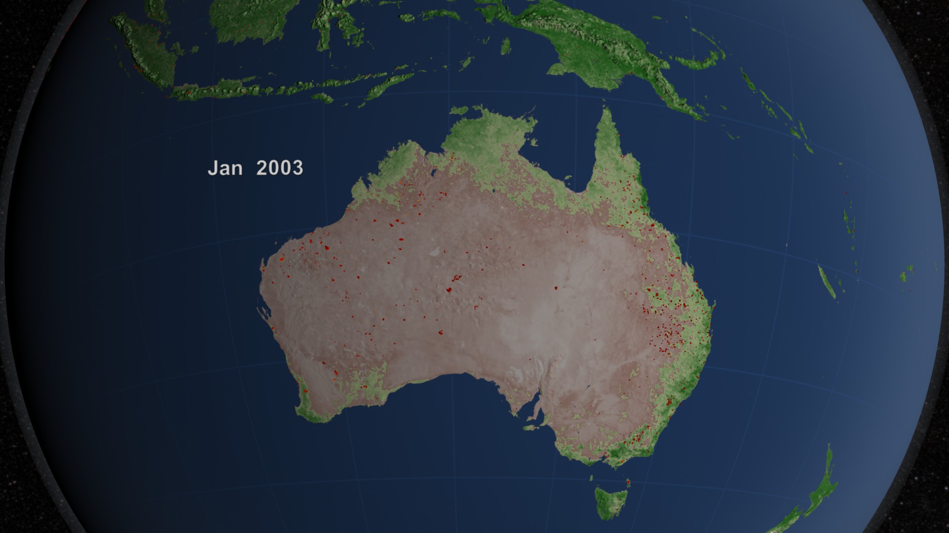 This animation shows a sequence of fires over MODIS NDVI data in Australia from July 2002 through July 2011.  This still image is from January 15, 2003.