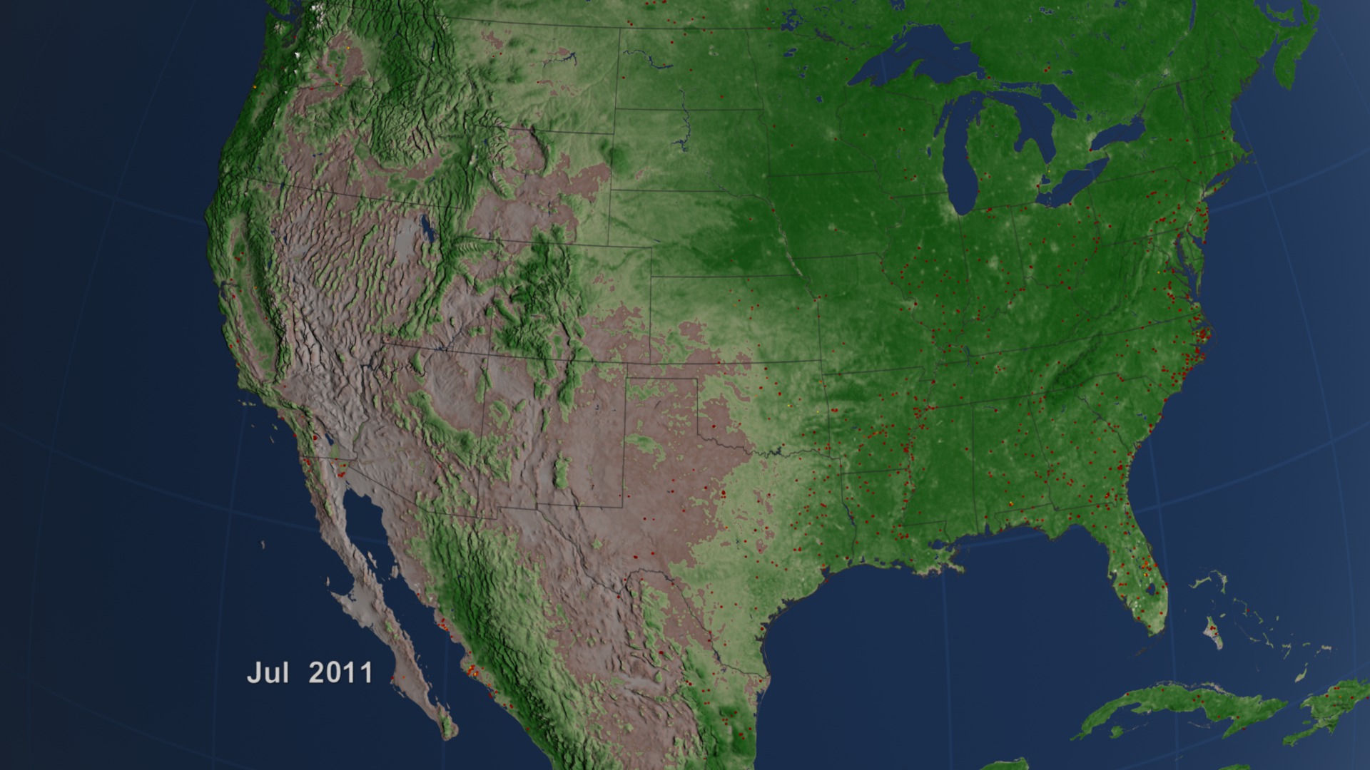 This animation shows fires over NDVI over the United States from July 2002 through July 2011.