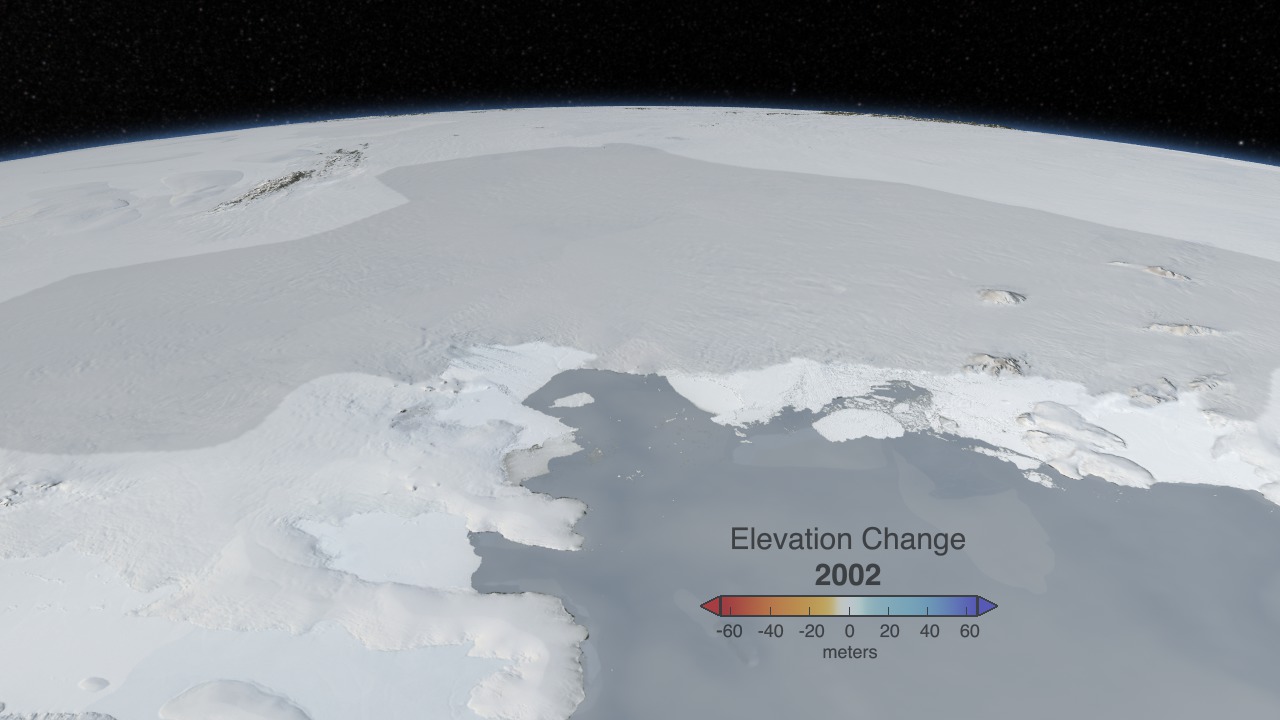Animation showing ice velocity and elevation change with dates, labels and colorbars.