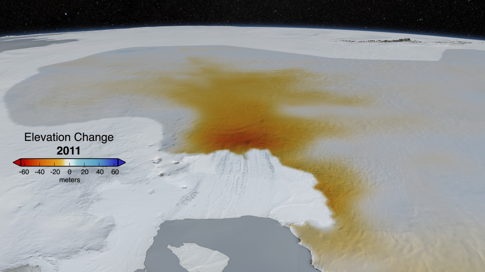 Animation showing ice velocity and elevation change with dates, labels and colorbars. 