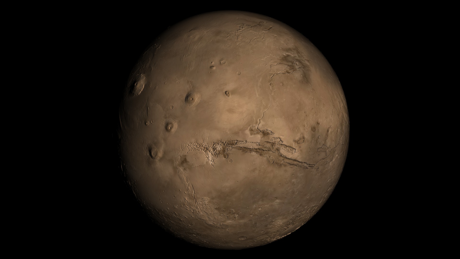Animation that rolls Mars around to show all the major features of the Martian topography.  This animation begins with a hemispherical view of Olympus Mons and Valles Marineris and then rolls around to reveal the Martian South Pole.  While traversing Northward, we pass Hellas Basin and end up looking down up the Martian North Pole.