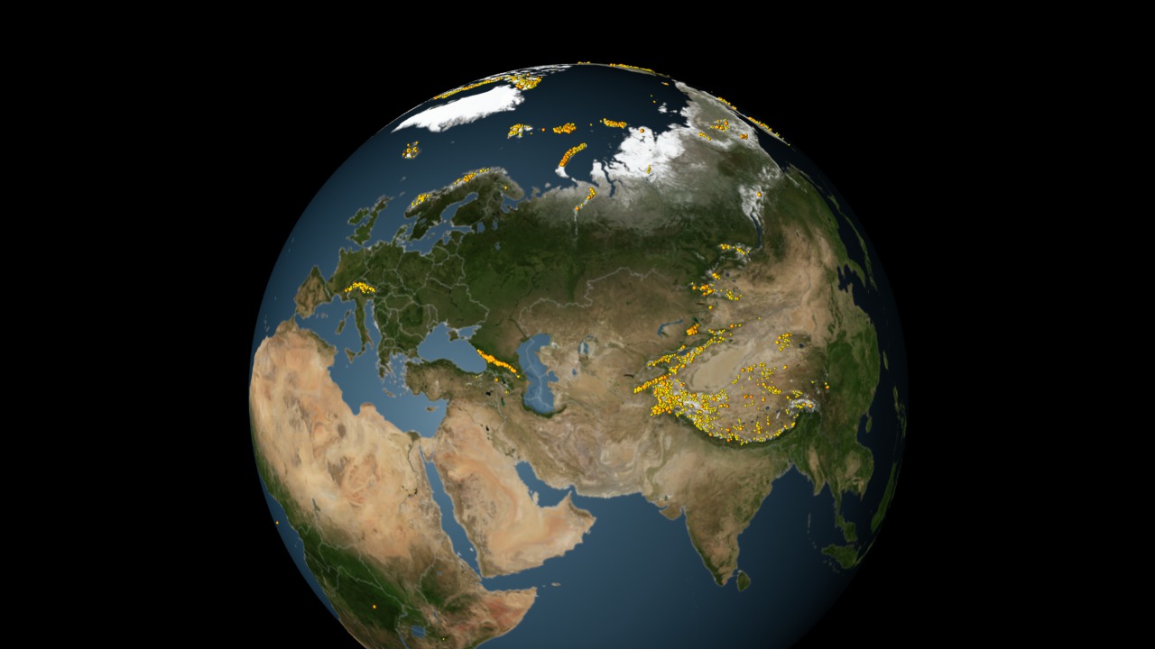 This animation shows the average yearly change in mass, in cm of water, during 2003-2010 from all of the worlds glaciers and ice caps (excluding Greenland and Antarctica).  Regions with large ice loss rages stand out clearly as blue and purple.  The yellow circles mark the  locations of glaciers.  A colorbar overlay shows the range of values displayed. 