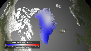 This animation shows the average yearly change in mass, in cm of water, during 2003-2010, over Greenland and Antarctica.   Regions with large ice loss rates are denoted with the blue and purple colors. There are enormous ice loss rates over substantial regions of both ice sheets.  A colorbar  shows the range of values displayed.