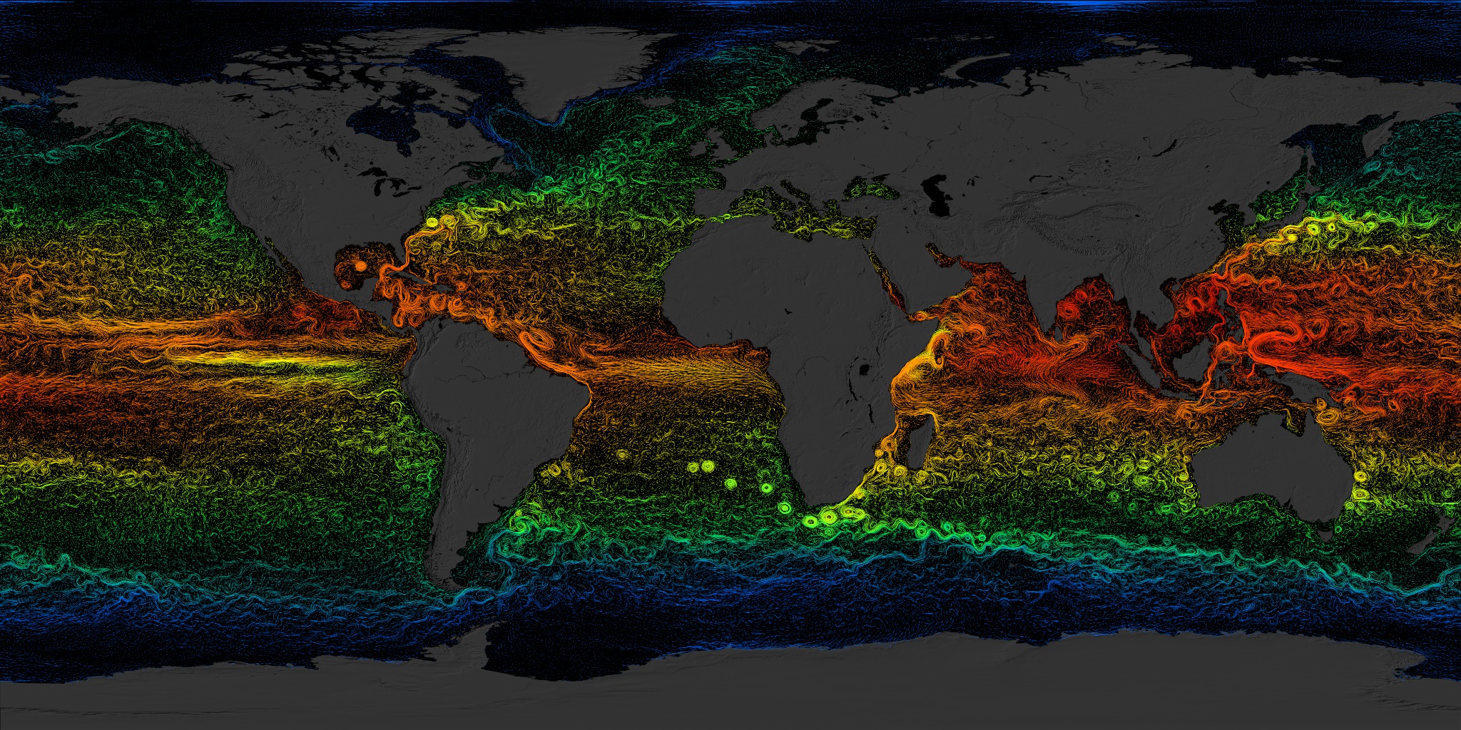Global sea surface currents colored by temperature.  These are the assembled (contiguous) versions of the animation.  There are several resolutions to choose from, some are cropped for various purposes.  The 6840x3420 version is the complete, full resolution visualization at the appropriate 2x1 aspect ratio and has not been cropped or resized.  The time range for these visualizations is from 2007-03-25T12:00Z to 2008-03-03T12:00Z.