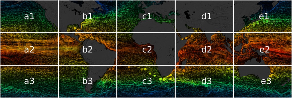 This visualization shows sea surface current flows. The flows are colored by corresponding sea surface temperature data. This visualization is rendered for display on very high resolution devices like hyperwalls or for print media.This visualization was produced using model output from the joint MIT/JPL project entitled Estimating the Circulation and Climate of the Ocean, Phase II (ECCO2). ECCO2 uses the MIT general circulation model (MITgcm) to synthesize satellite and in-situ data of the global ocean and sea-ice at resolutions that begin to resolve ocean eddies and other narrow current systems, which transport heat and carbon in the oceans. The ECCO2 model simulates ocean flows at all depths, but only surface flows are used in this visualization.