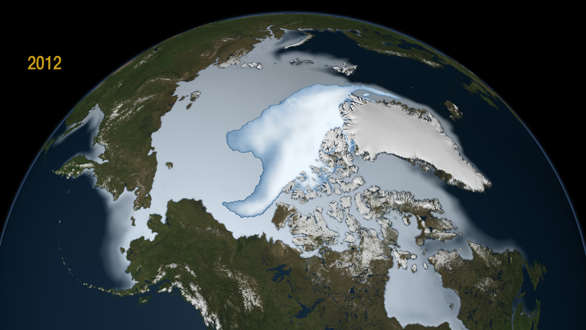 An image of multi-year sea ice (brighter white) shown over the average sea ice (light blue) during the three winter months ending in January 2012. This image has a transparent background.