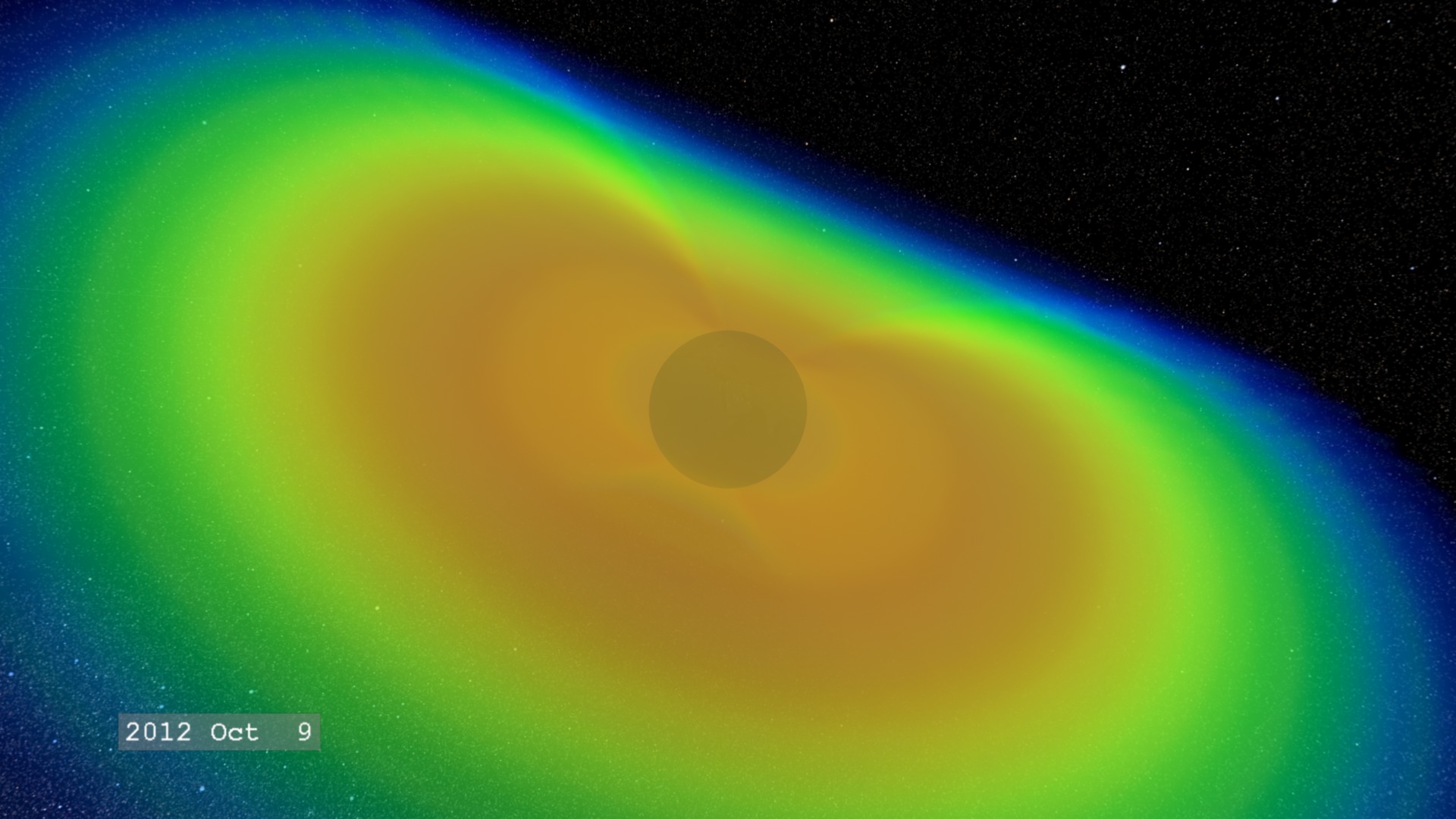 A side view of the Earth's radiation belt and its variation in time.